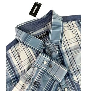 Express Western Style Blue White Plaid Shirt Pearl Snap Long Sleeve Button M New